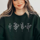 Wildflowers Sweatshirt - Floral and Botanical Sweater - Women's Unisex Minimalist Dark Green Crewneck Pullover, Flowers and Plants