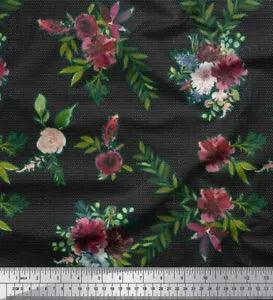 Soimoi Black Cotton Poplin Fabric Leaves & Ranunculus Floral Printed-I3R
