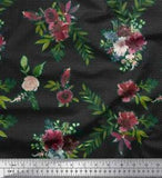 Soimoi Black Cotton Poplin Fabric Leaves & Ranunculus Floral Printed-I3R