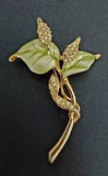Vintage Peace Lily Flower Brooch Pin Clear Rhinestone Painted Leaves Gold Tone