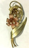 Vtg Retro Lily of the Valley Rose Gold Tone Flower w/ Seed Pearl Brooch 2.5" PIN