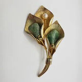 Vintage Gold Tone Calla Lily  Jack in the Pulpit Faux Jade Pearl Flower Brooch