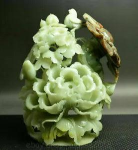 11" Chinese Natural Xiu Green Jade Jadeite Carved Peony Flower Bird Ru Yi Statue