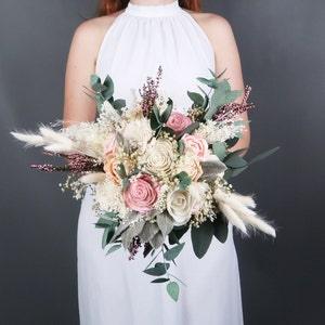 Rustic cottage pastel bridal bouquet, pink peach ivory sola flowers preserved gypsophila eucalyptus lambs ears greenery real heather lace