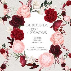 watercolor burgundy flower frame clipart,anemone peony border,greenery leaf