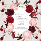 watercolor burgundy flower frame clipart,anemone peony border,greenery leaf