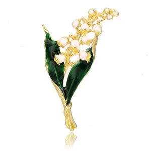 White Flower Brooch Lily of the Valley Green Leaves Gold Enamel Pin Vintage Look