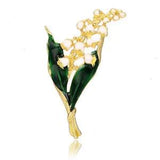 White Flower Brooch Lily of the Valley Green Leaves Gold Enamel Pin Vintage Look