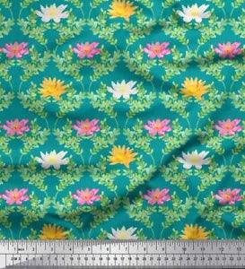 Soimoi Green Cotton Poplin Fabric Quarterfoil & Water Lily Floral-VWm