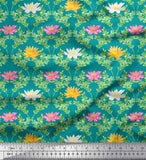 Soimoi Green Cotton Poplin Fabric Quarterfoil & Water Lily Floral-VWm