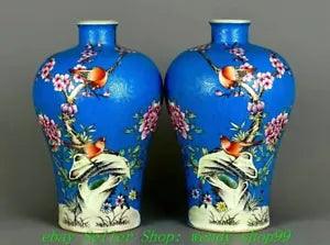7" Qianlong Blue Glaze Color Porcelain Peony Plum blossom Bird Bottle Vase Pair