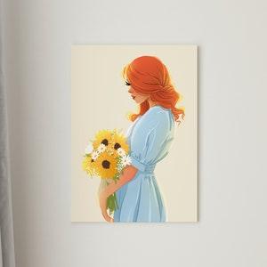 Art Print UNFRAMED, room decor aesthetic, modern wall art, girl with sunflowers