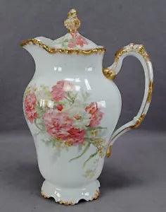 JP Limoges Pink & Yellow Carnations Yellow Flowers & Gold Chocolate Pot C.1900