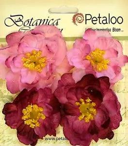 RUFFLED PEONY - FUCHSIA - 45 to 50mm x 4 Flowers with Centre FABRIC  Petaloo A