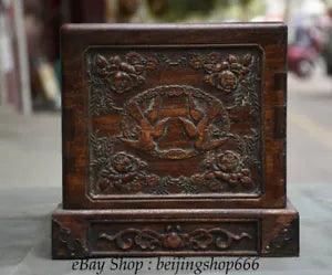 8" Old Chinese Huali Pear Wood Hand-Carving Peony Flower Bird Seal stamp Box
