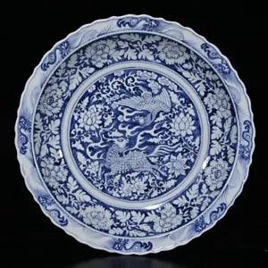 17.7" Antique yuan dynasty Porcelain Blue white phoenix Kylin peony flower plate