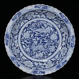 17.7" Antique yuan dynasty Porcelain Blue white phoenix Kylin peony flower plate