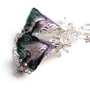Lavender and Emerald Green Flower Earrings, Hand Painted Silver Filigree Earrings, Romantic Nature Jewelry, Lightweight Botanical Earrings