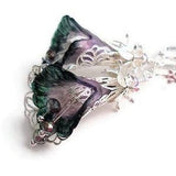 Lavender and Emerald Green Flower Earrings, Hand Painted Silver Filigree Earrings, Romantic Nature Jewelry, Lightweight Botanical Earrings