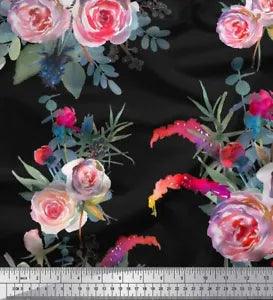 Soimoi Black Velvet Fabric Leaves & Ranunculus Floral Printed Craft-TVw