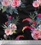 Soimoi Black Velvet Fabric Leaves & Ranunculus Floral Printed Craft-TVw