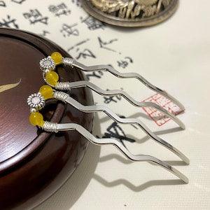 Mini copper hair forks-Yellow Agate hair stick-Sunflower gemstone hair sticks-Bronze decorative hair forks-small hair fork-gift for her