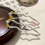 Mini copper hair forks-Yellow Agate hair stick-Sunflower gemstone hair sticks-Bronze decorative hair forks-small hair fork-gift for her