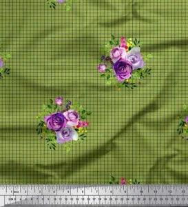 Soimoi Green Cotton Poplin Fabric Leaves & Ranunculus Check Printed-dxs