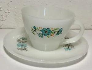 Vintage Fire King Oven Ware Bonnie Blue Carnation Flower Coffee Tea Cup Saucer