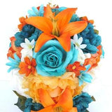 Wedding Bouquet, 17-piece Bridal Cascade Bouquet, ORANGE, Tangerine, AQUA Blue, TEAL, wedding Silk flower set, Bridesmaid "RosesandDreams"