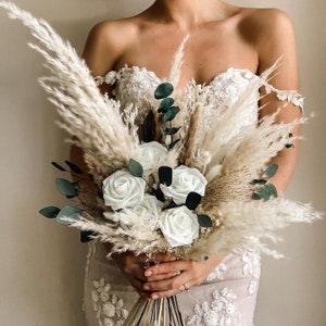 Pampas Wedding Bouquet, Ivory White Wedding Bouquet, Bridal Boho Bouquet, Dried Flowers, Rustic Bridesmaid Bouquet, Eucalyptus  Bouquet