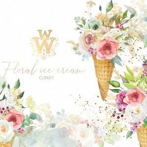 Watercolor Summer Flowers Clipart, Ice Cream Floral Clip Art, Bouquet Peonies White Roses Romantic cute baby Bridal Shower Wedding Kit frame