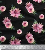 Soimoi Black Velvet Fabric Ranunculus & Chrysanthemum Floral Printed-EBa