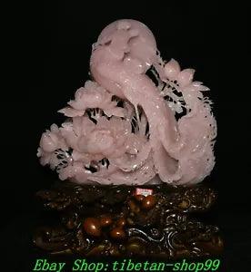 18.5''  Natural Xiu Pink Jade Carved Phoenix Peony Flower Statue Sculpture