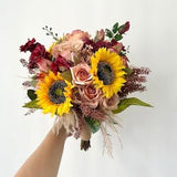 Sunflower & Burgundy Rose Wedding Bouquet 14?¡À Artificial with Rust Orange Rose, Wine Rose, Real Dried Pampas Grass/ Summer Beach Wedding