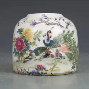 3.5" Chinese Famille Rose Porcelain Animal Peacock Peafowl Peony Flower Pot
