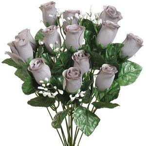 14 Gray Roses Buds, Long Stems, Bush Bouquet, Artificial Roses, Silk Wedding Flowers, Fake Faux Stems, Gray Ash silver , Wreath Supplies