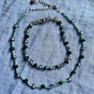 Blueberry fields floral seed bead necklace with matching anklet