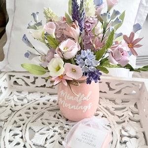 Fields flowers pastel bouquet in the pink ceramic vase. One of a kind gift. Provence decor.Clay flowers. Pink ranunculus.Inspirational cards