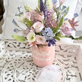 Fields flowers pastel bouquet in the pink ceramic vase. One of a kind gift. Provence decor.Clay flowers. Pink ranunculus.Inspirational cards