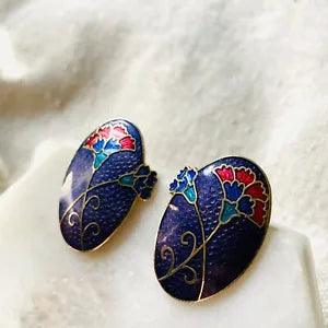 Vintage Purple Red Blue 90s Carnation Flower Enamel Cloisonne Earrings 1.25????