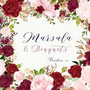Marsala and Blush Watercolor Clipart Roses Bouquet Arrangements with Bordo, Burgundy, Bordeaux, Red Wine