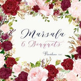 Marsala and Blush Watercolor Clipart Roses Bouquet Arrangements with Bordo, Burgundy, Bordeaux, Red Wine