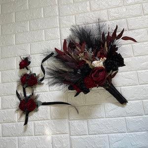 Black Pampas Boho Burgundy Black Pampas Wedding Boho Bridal Bouquet Wedding Bouquet Dusty Greenery Artificial Flowers Bridesmaid Bouquet