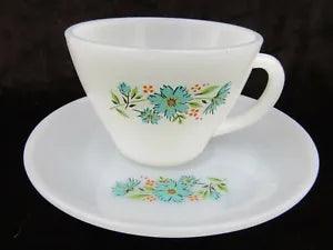 Cup & Saucer Fire King Anchor Hocking Bonnie Blue Carnation Flower Vintage