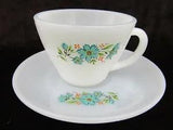 Cup & Saucer Fire King Anchor Hocking Bonnie Blue Carnation Flower Vintage
