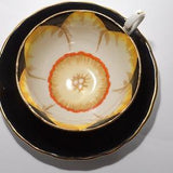 AMAZING VICTORIA Jonquil Bone China black Teacup and saucer orange flower Gold Rimmed England Vintage widemouth 294
