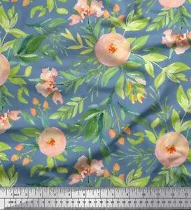 Soimoi Blue Velvet Fabric Leaves & Ranunculus Floral Printed Craft-flq