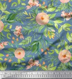 Soimoi Blue Velvet Fabric Leaves & Ranunculus Floral Printed Craft-flq