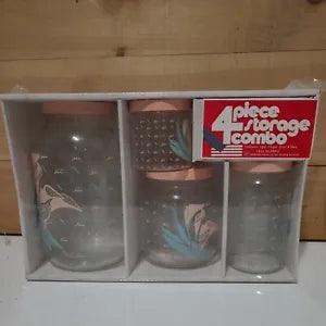 MCM Riley Glass Pink Teal Calla Lily Set 4 Storage Jars Canisters With Lids Vtg